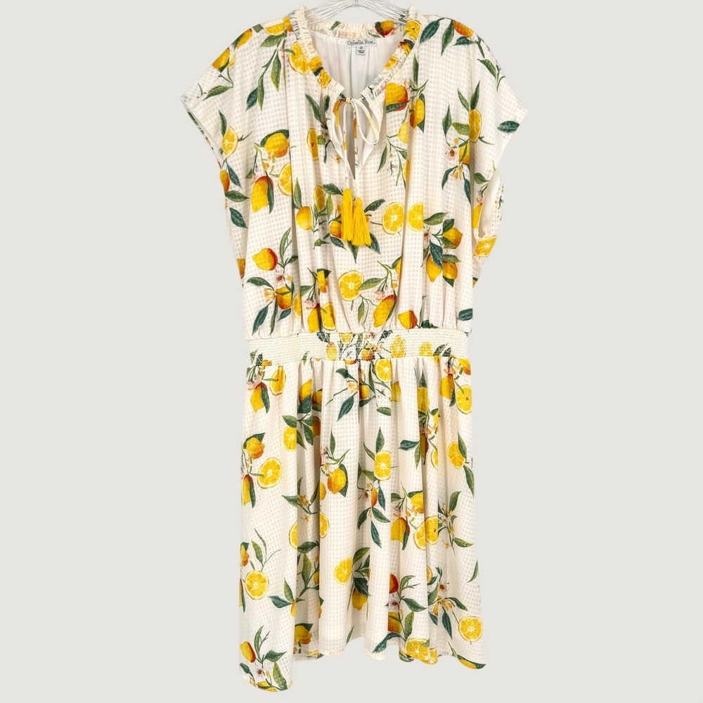 Ophelia Roe Lemon Print Dress Yellow White Smocked Waist Dress Cap Sleeve 2X